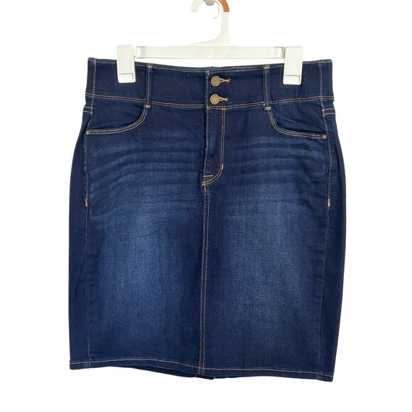 Apt 9 Dark Wash Denim Straight Knee Length Skirt Size 10 Elastic Waist Stretch - Picture 1 of 6